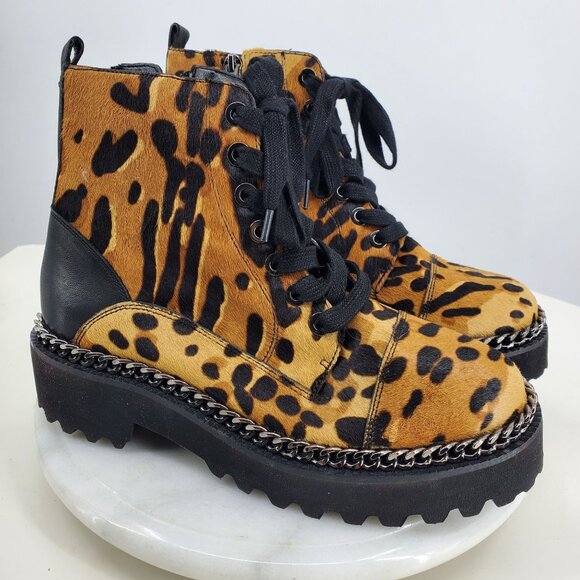 Vince Camuto Mindinta Cow Hair Lug Chunky Sole Cheetah Print Combat Boots 6.5 - Picture 1 of 11